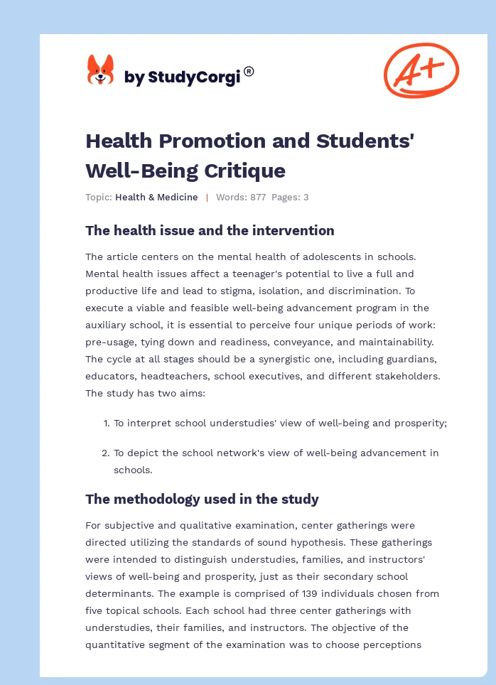 Health Promotion and Students' Well-Being Critique. Page 1