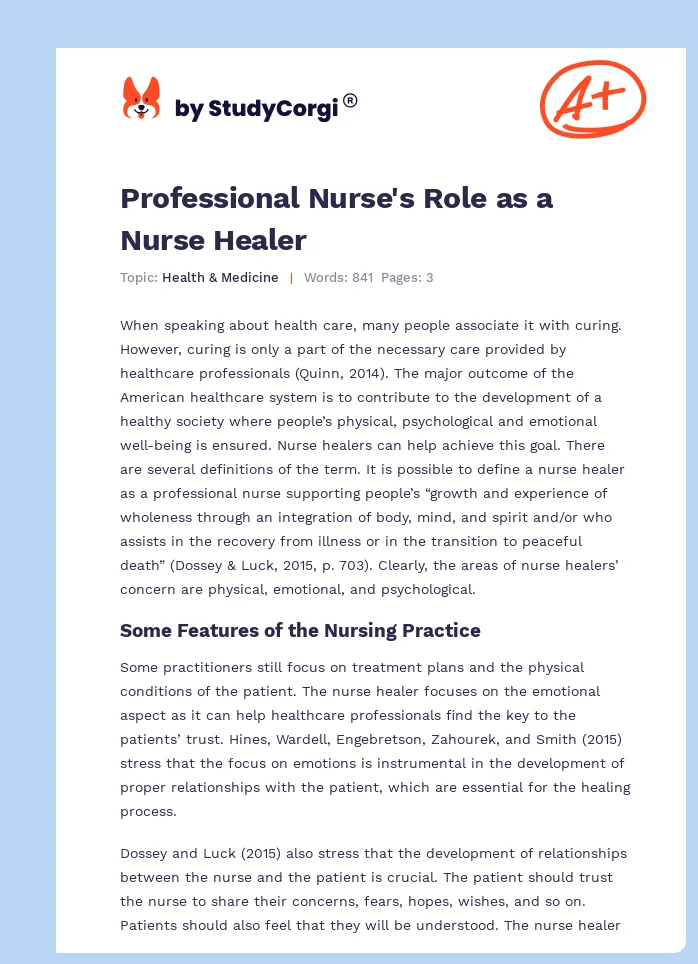 Professional Nurse's Role as a Nurse Healer. Page 1