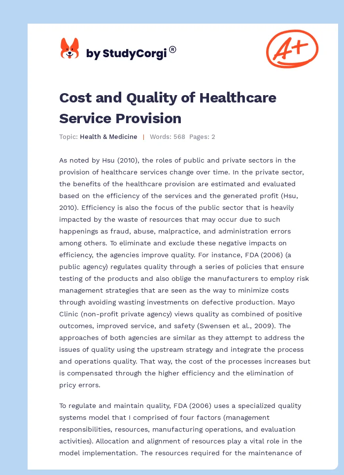 Cost and Quality of Healthcare Service Provision. Page 1