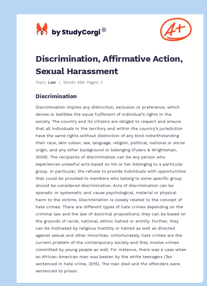 Discrimination, Affirmative Action, Sexual Harassment. Page 1