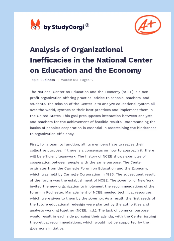 Analysis of Organizational Inefficacies in the National Center on Education and the Economy. Page 1