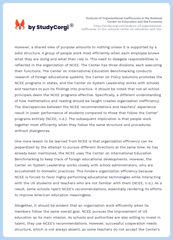 Analysis of Organizational Inefficacies in the National Center on Education and the Economy. Page 2