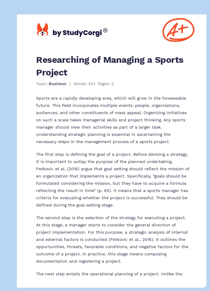 Researching of Managing a Sports Project. Page 1
