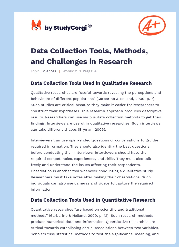 Data Collection Tools, Methods, and Challenges in Research. Page 1