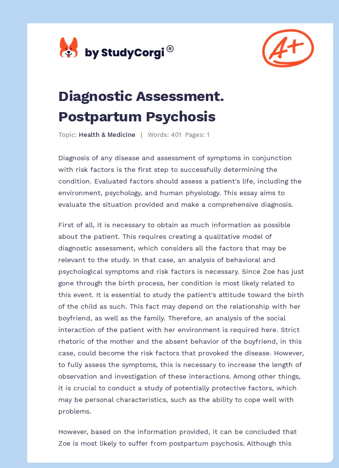 Diagnostic Assessment. Postpartum Psychosis. Page 1