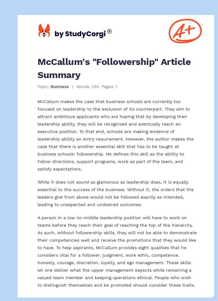 McCallum's "Followership" Article Summary. Page 1