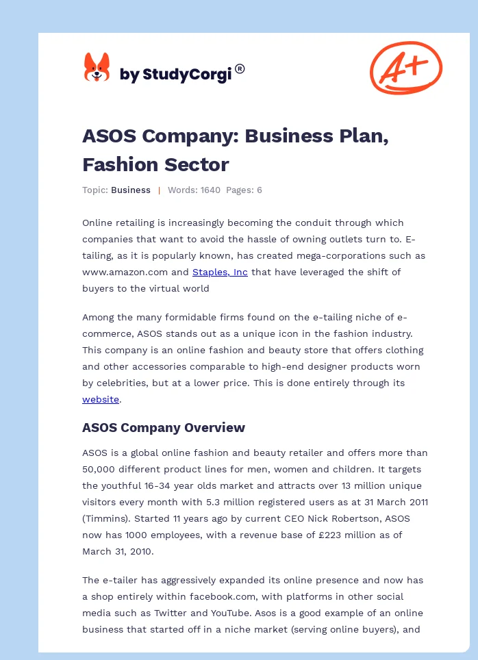 ASOS Company: Business Plan, Fashion Sector. Page 1