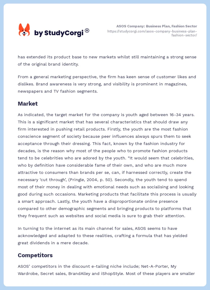 ASOS Company: Business Plan, Fashion Sector. Page 2