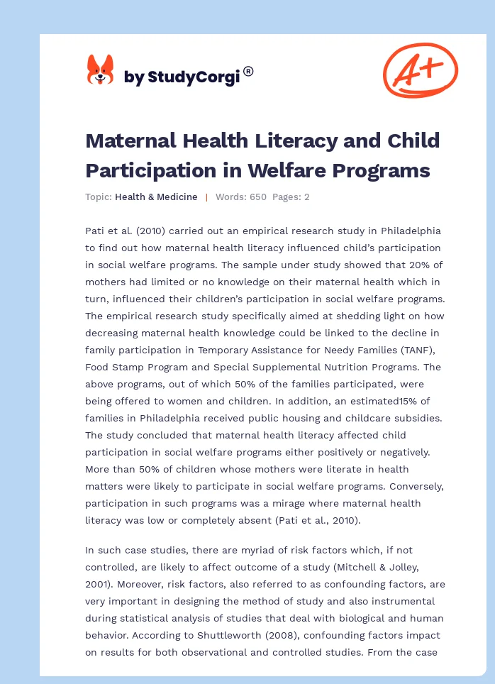 Maternal Health Literacy and Child Participation in Welfare Programs. Page 1
