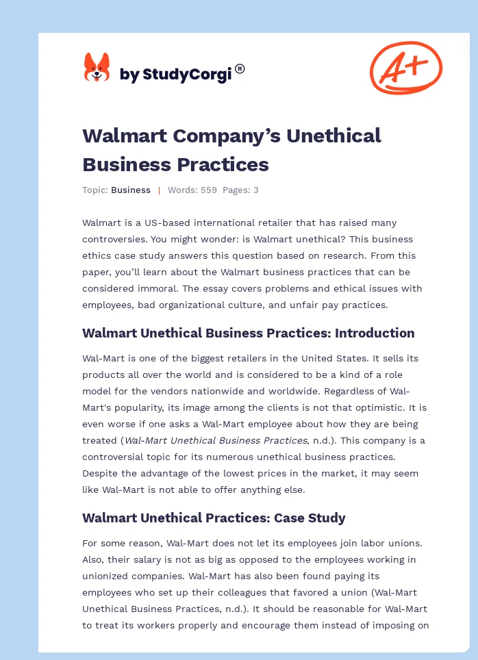 Walmart Company’s Unethical Business Practices. Page 1