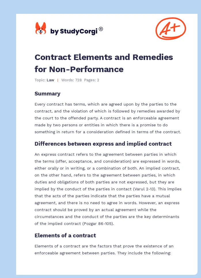 Contract Elements and Remedies for Non-Performance. Page 1