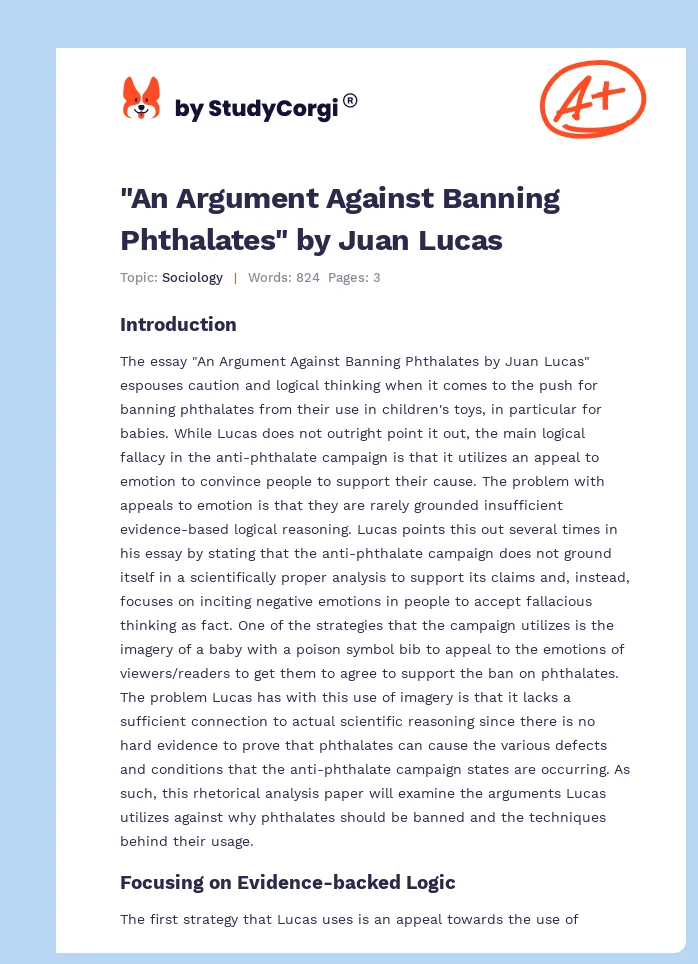 "An Argument Against Banning Phthalates" by Juan Lucas. Page 1