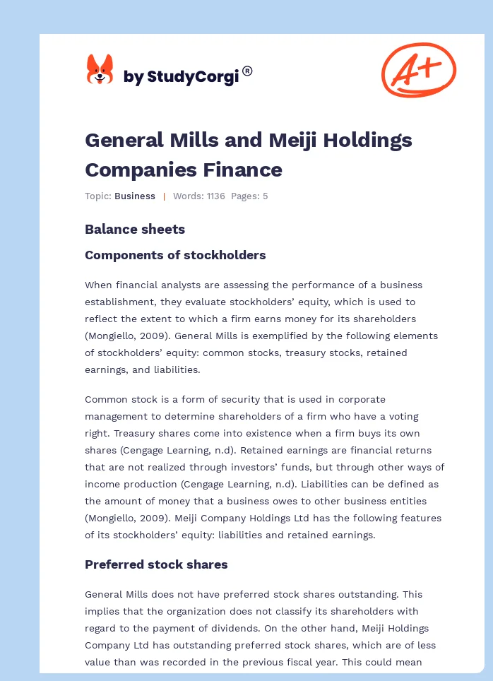 General Mills and Meiji Holdings Companies Finance. Page 1