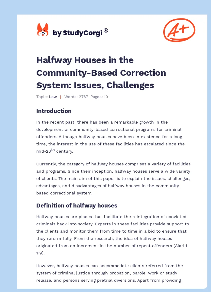 Halfway Houses in the Community-Based Correction System: Issues, Challenges. Page 1