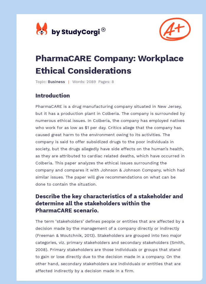 PharmaCARE Company: Workplace Ethical Considerations. Page 1