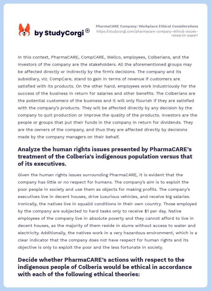 PharmaCARE Company: Workplace Ethical Considerations. Page 2