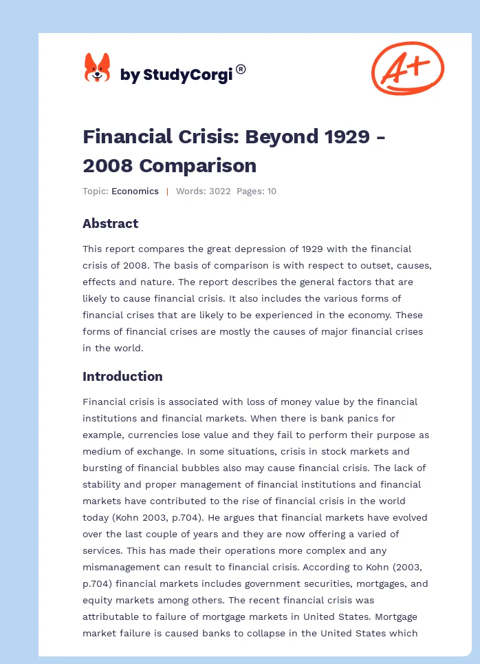 Financial Crisis: Beyond 1929 - 2008 Comparison. Page 1