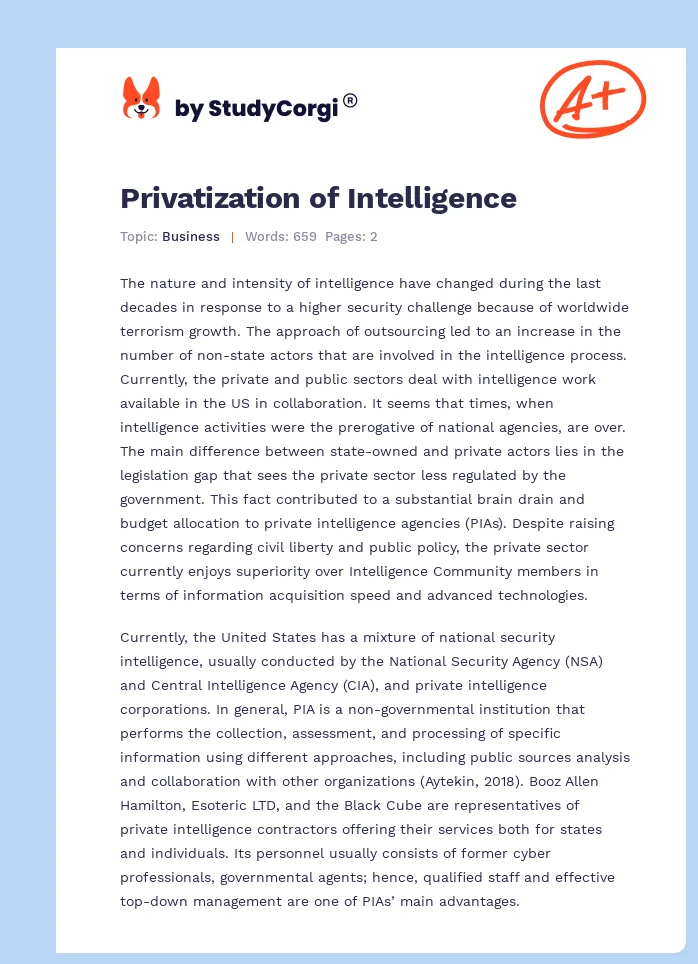 Privatization of Intelligence. Page 1