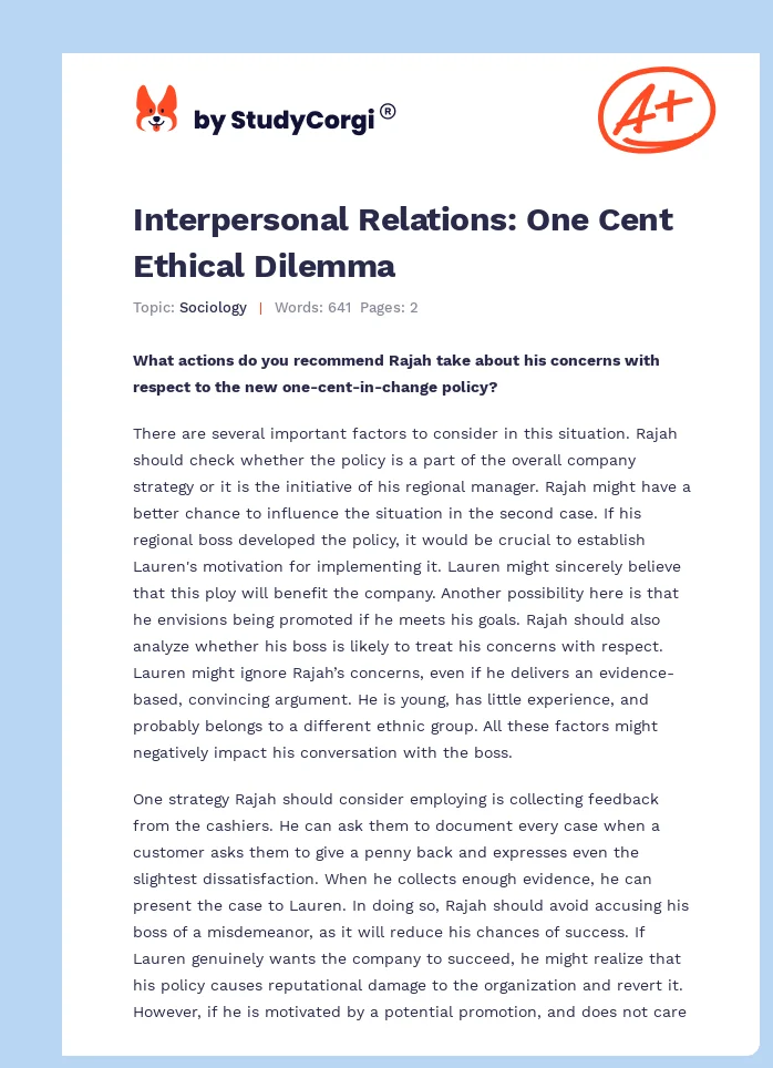 Interpersonal Relations: One Cent Ethical Dilemma. Page 1