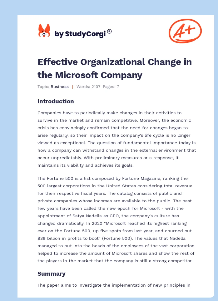 Effective Organizational Change in the Microsoft Company. Page 1