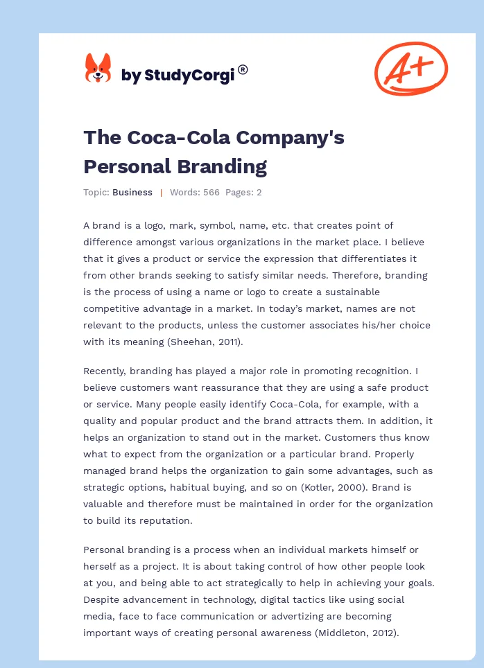 The Coca-Cola Company's Personal Branding. Page 1