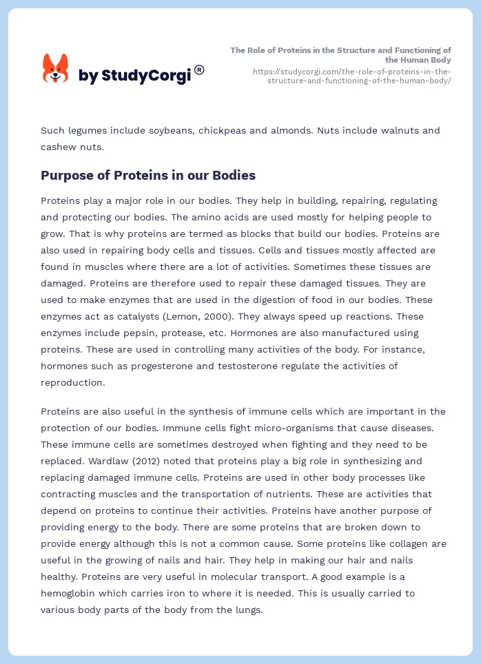 The Role of Proteins in the Structure and Functioning of the Human Body. Page 2