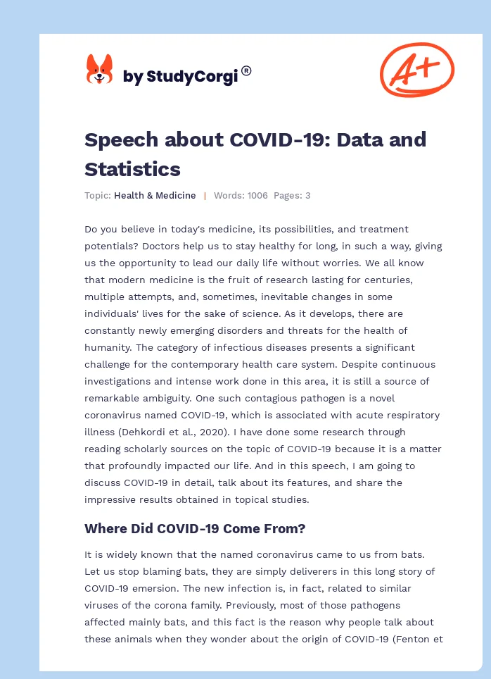 Speech about COVID-19: Data and Statistics. Page 1