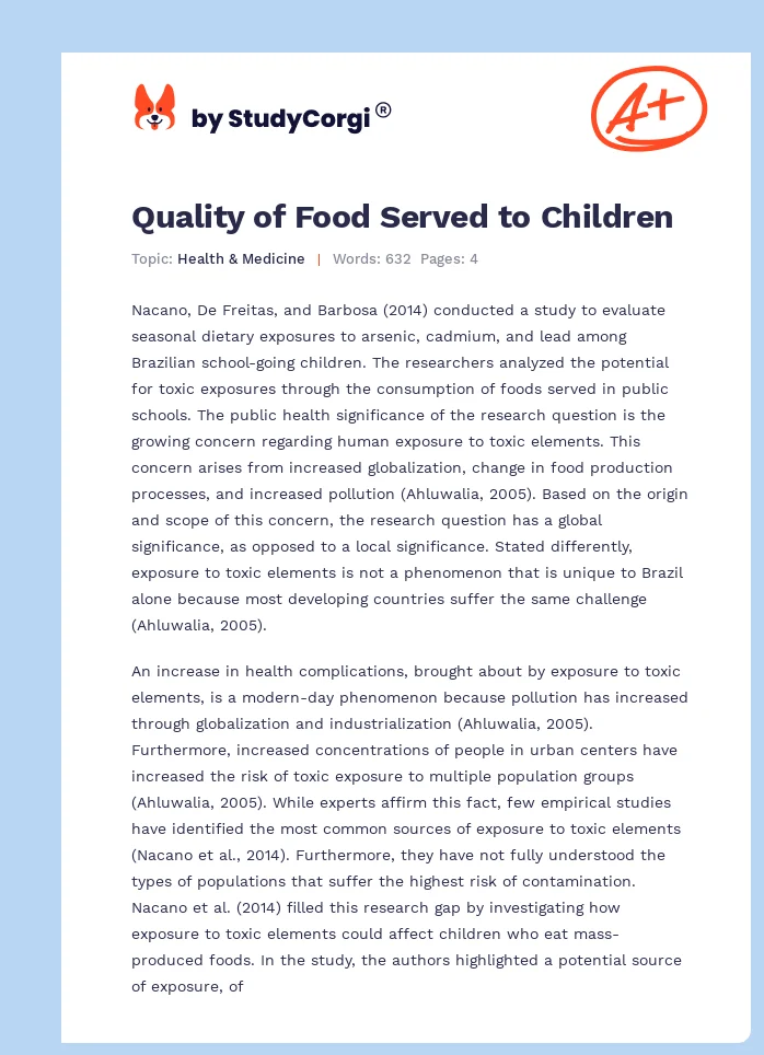 Quality of Food Served to Children. Page 1