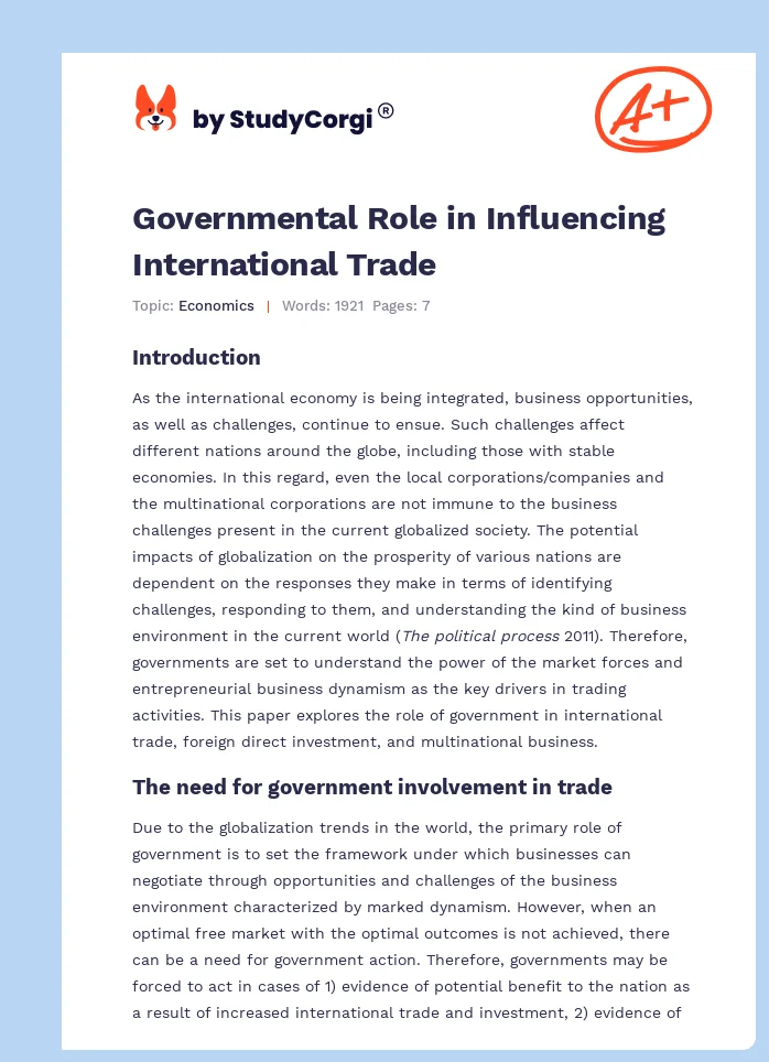 Governmental Role in Influencing International Trade. Page 1