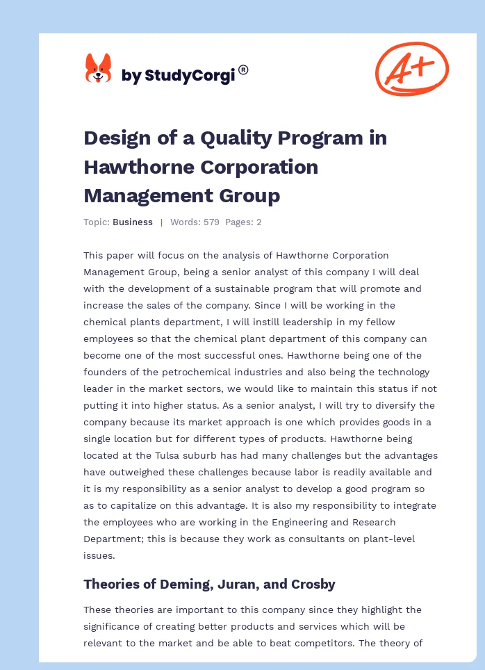 Design of a Quality Program in Hawthorne Corporation Management Group. Page 1