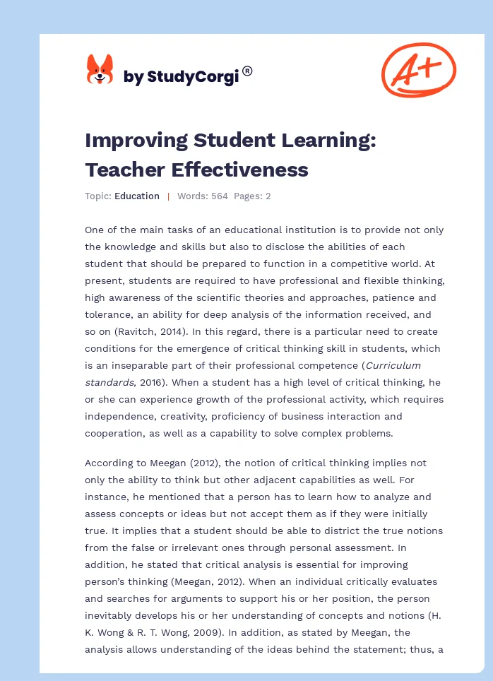 Improving Student Learning: Teacher Effectiveness. Page 1