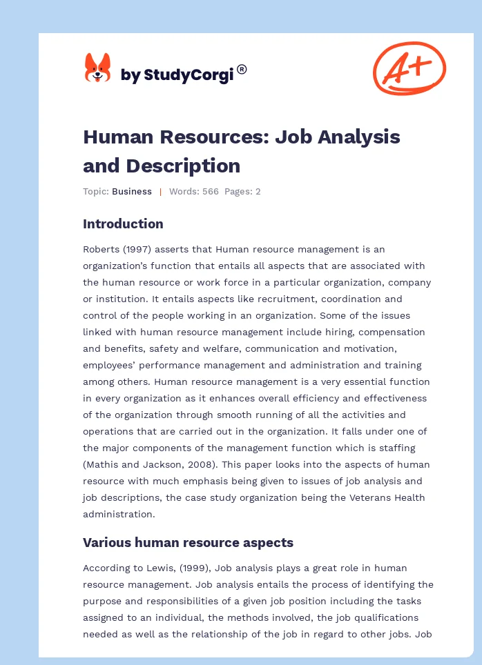 Human Resources: Job Analysis and Description. Page 1