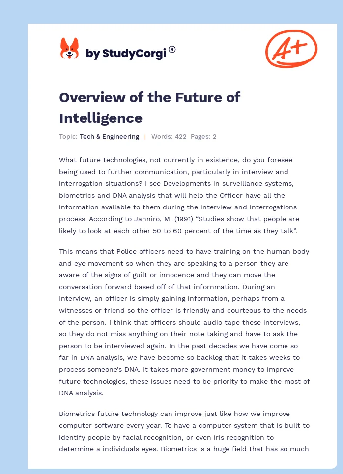 Overview of the Future of Intelligence. Page 1