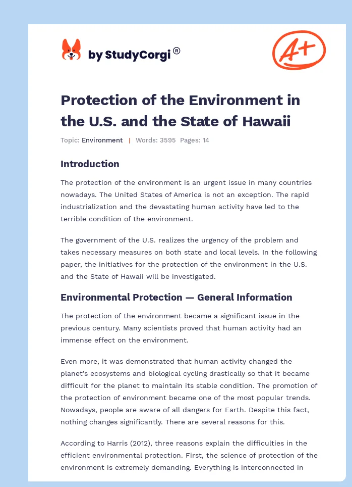 Protection of the Environment in the U.S. and the State of Hawaii. Page 1