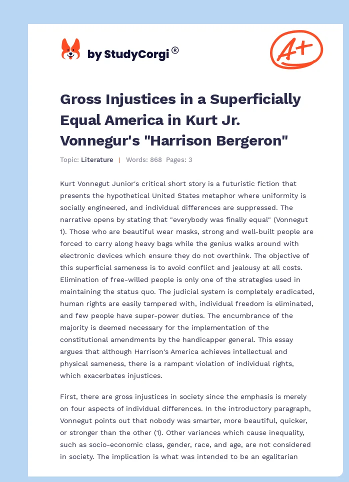 Gross Injustices in a Superficially Equal America in Kurt Jr. Vonnegur's "Harrison Bergeron". Page 1