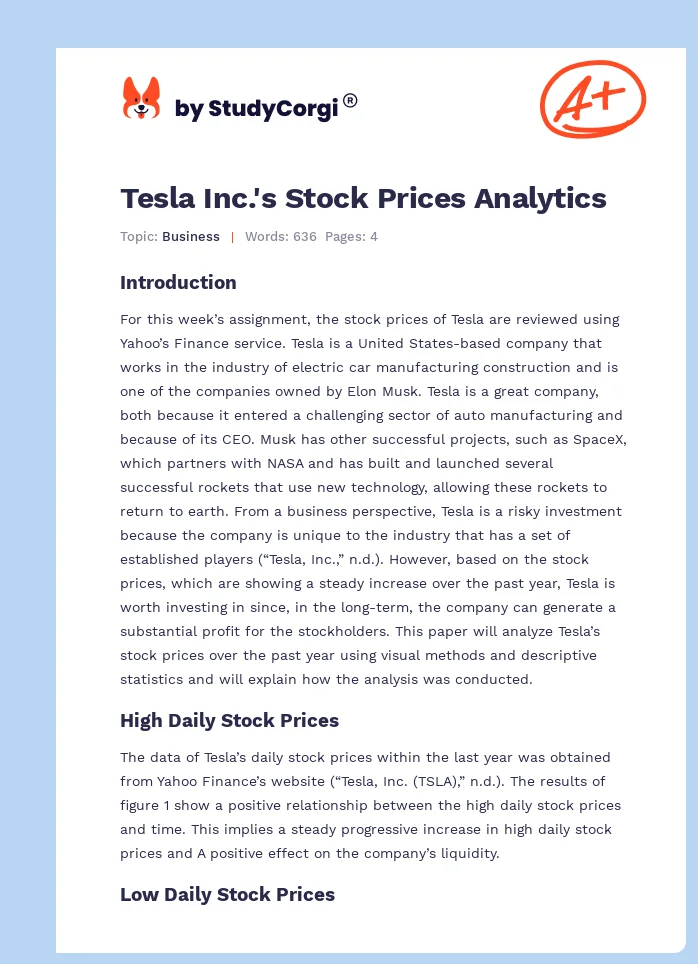 Tesla Inc.'s Stock Prices Analytics. Page 1
