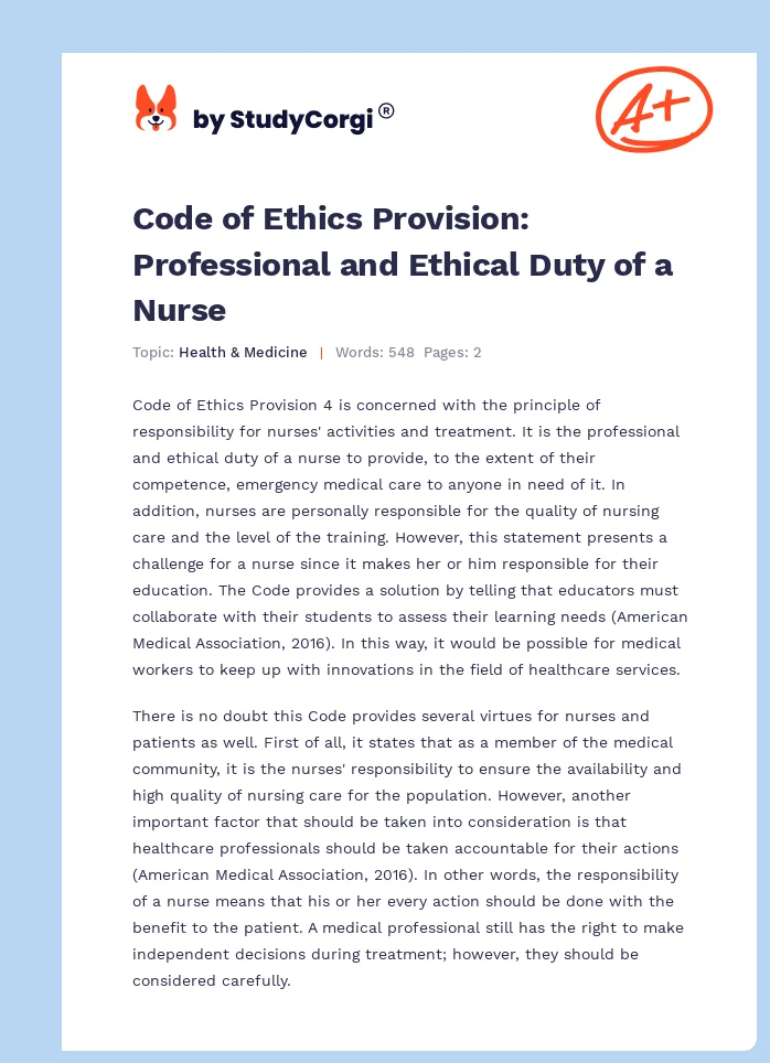 Code of Ethics Provision: Professional and Ethical Duty of a Nurse. Page 1