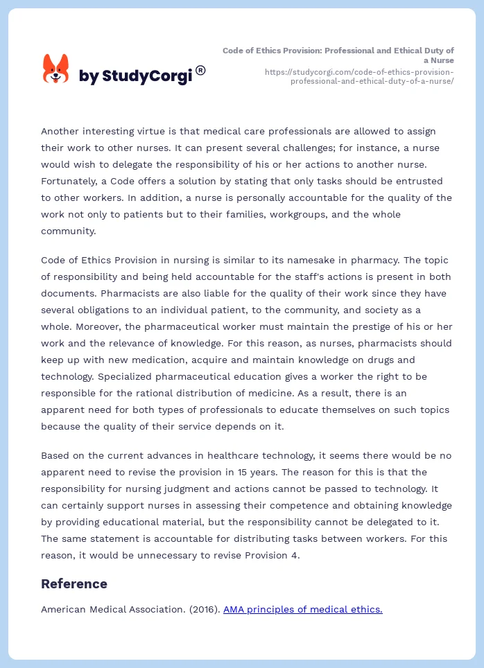 Code of Ethics Provision: Professional and Ethical Duty of a Nurse. Page 2