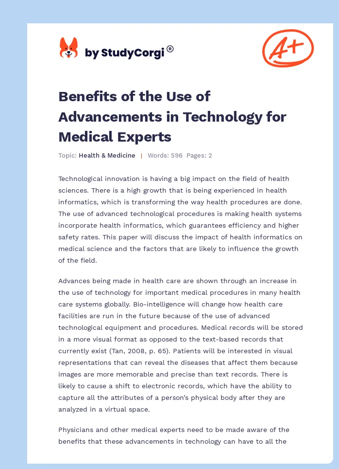 Benefits of the Use of Advancements in Technology for Medical Experts. Page 1
