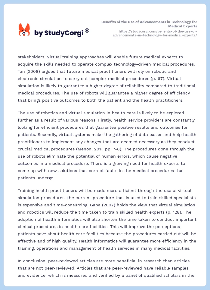 Benefits of the Use of Advancements in Technology for Medical Experts. Page 2