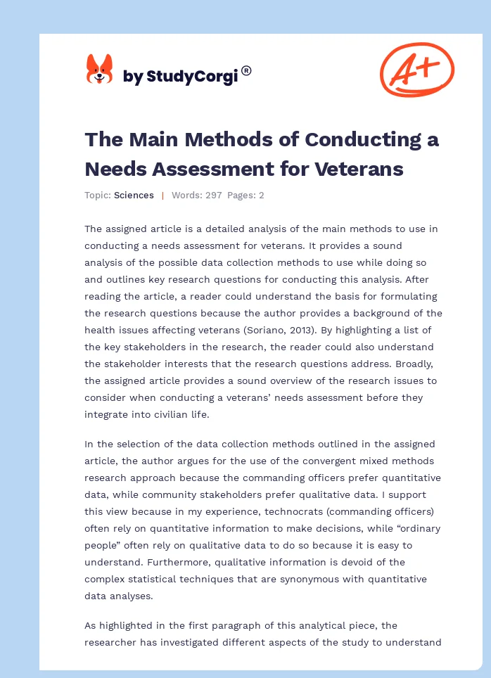The Main Methods of Conducting a Needs Assessment for Veterans. Page 1