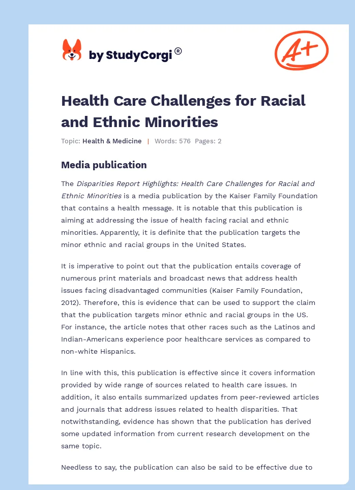 Health Care Challenges for Racial and Ethnic Minorities. Page 1