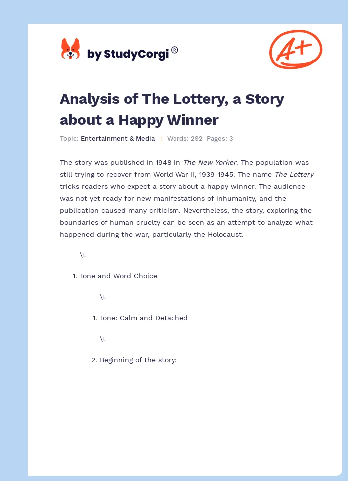 Analysis of The Lottery, a Story about a Happy Winner. Page 1