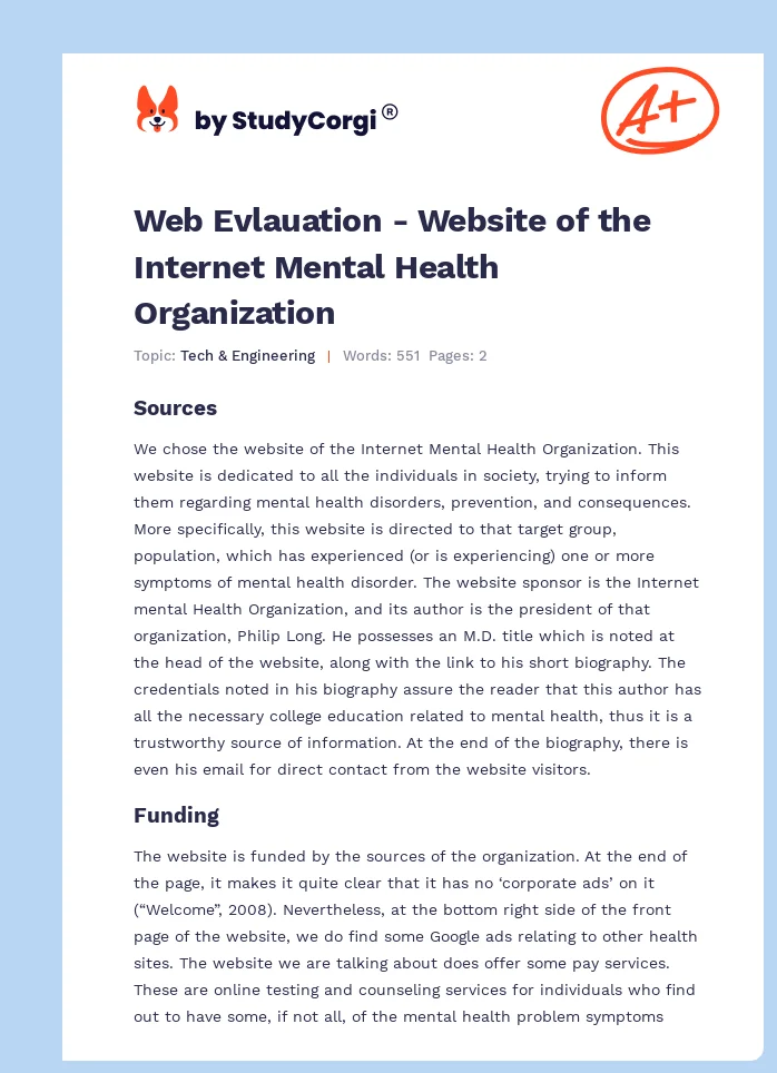 Web Evlauation - Website of the Internet Mental Health Organization. Page 1