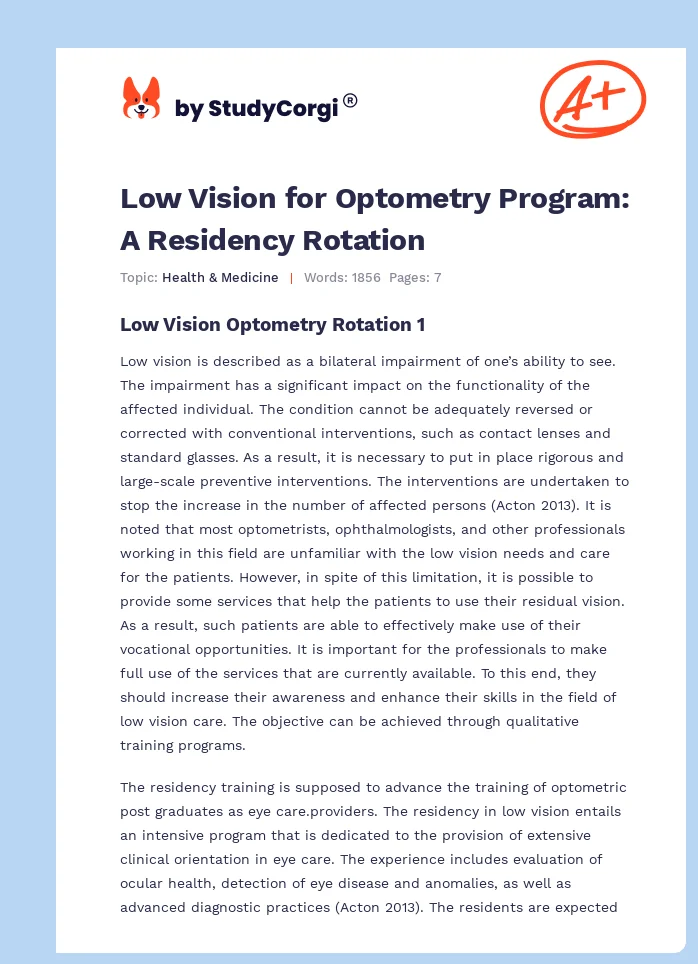 Low Vision for Optometry Program: A Residency Rotation. Page 1