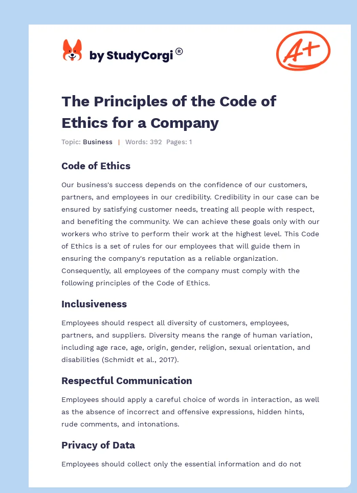 The Principles of the Code of Ethics for a Company. Page 1