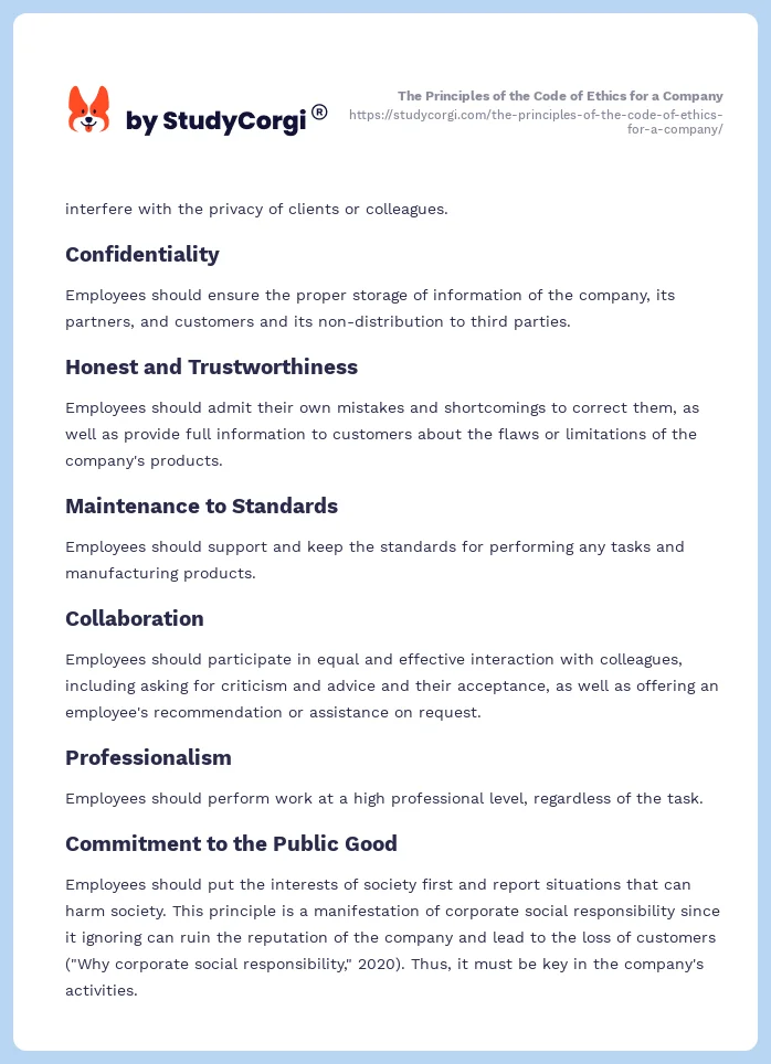 The Principles of the Code of Ethics for a Company. Page 2