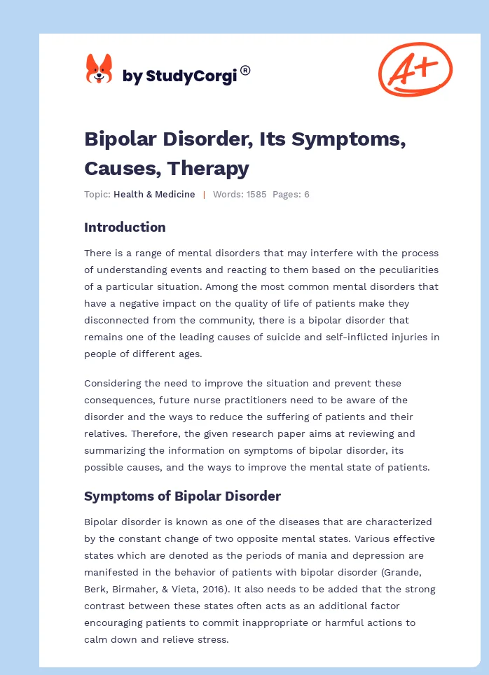Bipolar Disorder, Its Symptoms, Causes, Therapy. Page 1