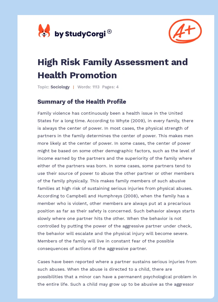 High Risk Family Assessment and Health Promotion. Page 1