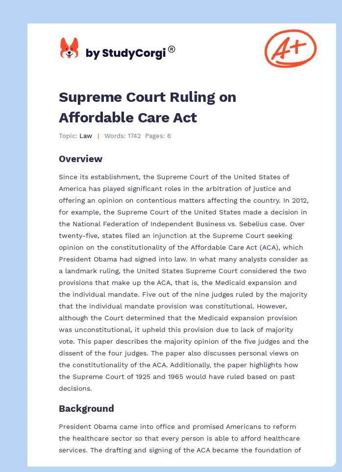 Supreme Court Ruling on Affordable Care Act. Page 1